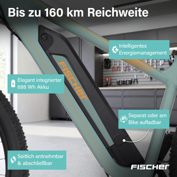 FISCHER MTB E-Bike MONTIS 2.2 ACTIVE Piniengrün matt, 29 Zoll, RH 49 cm, 688 Wh