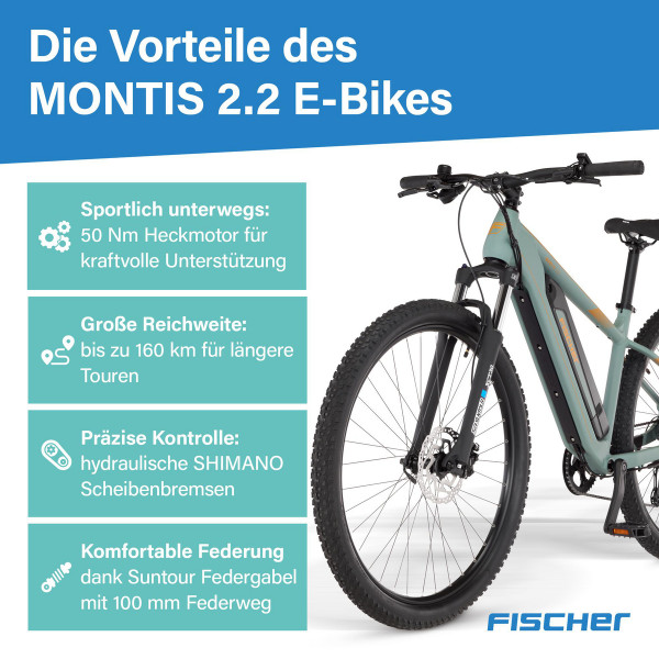 FISCHER MTB E-Bike MONTIS 2.2 ACTIVE Piniengrün matt, 29 Zoll, RH 49 cm, 688 Wh