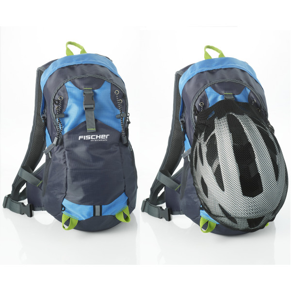 Fahrrad Rucksack FISCHER blau 15L mit Helmnetz Regencover & Trinksystemhalterung